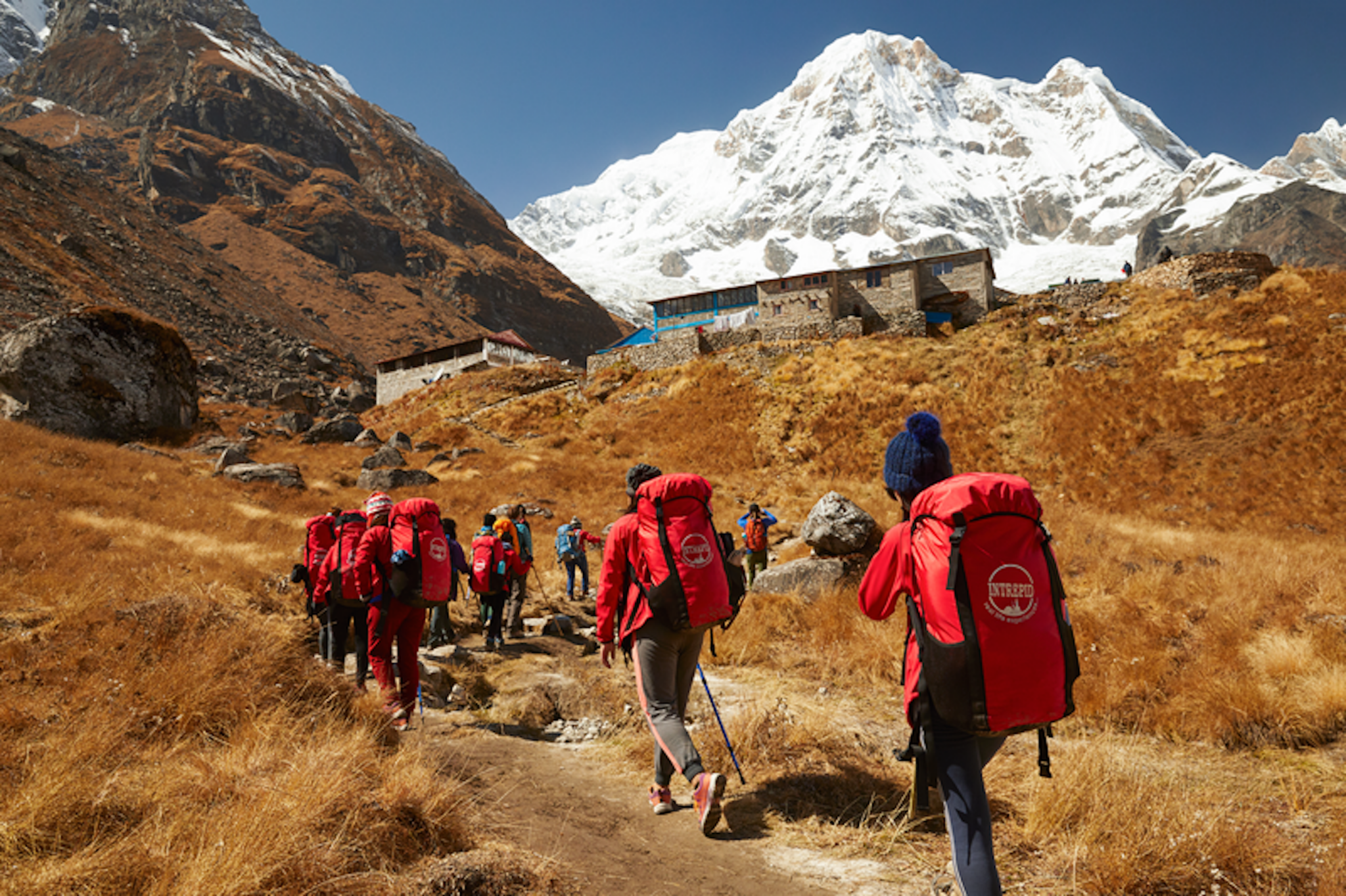 Intrepid travelers hiking near Annapurna base camp.