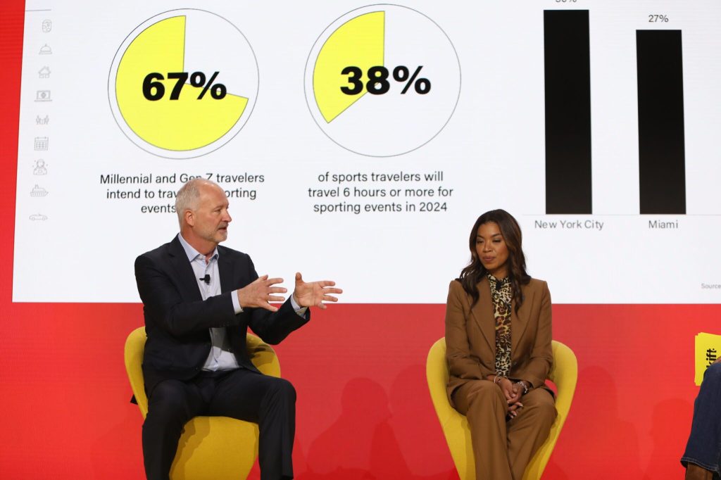 Steve Hill, CEO and President of the Las Vegas Convention and Visitors Authority, and Sandra Douglass Morgan, president of the Las Vegas Raiders at Skift Global Forum 2024