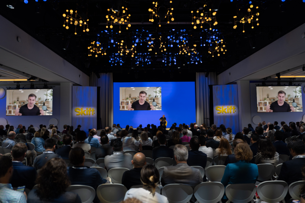 Airbnb CEO Brian Chesky adressing the crowd virtually at the Skift Global Forum in New York on September 18.