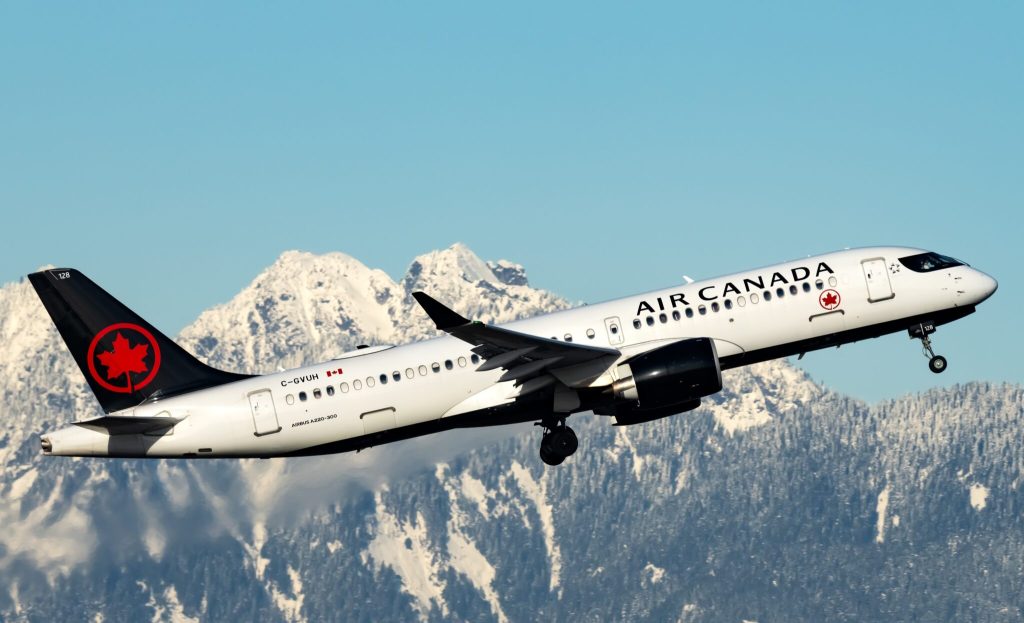 An Air Canada plane taking off.