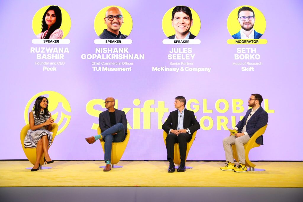 Ruzwana Bashir, Peek Founder and CEO, Jules Seeley, McKinsey & Company Senior Partner and Nishank Gopalkrishnan TUI Musement Chief Commercial Officer on stage at Skift Global Forum with Seth Borko.