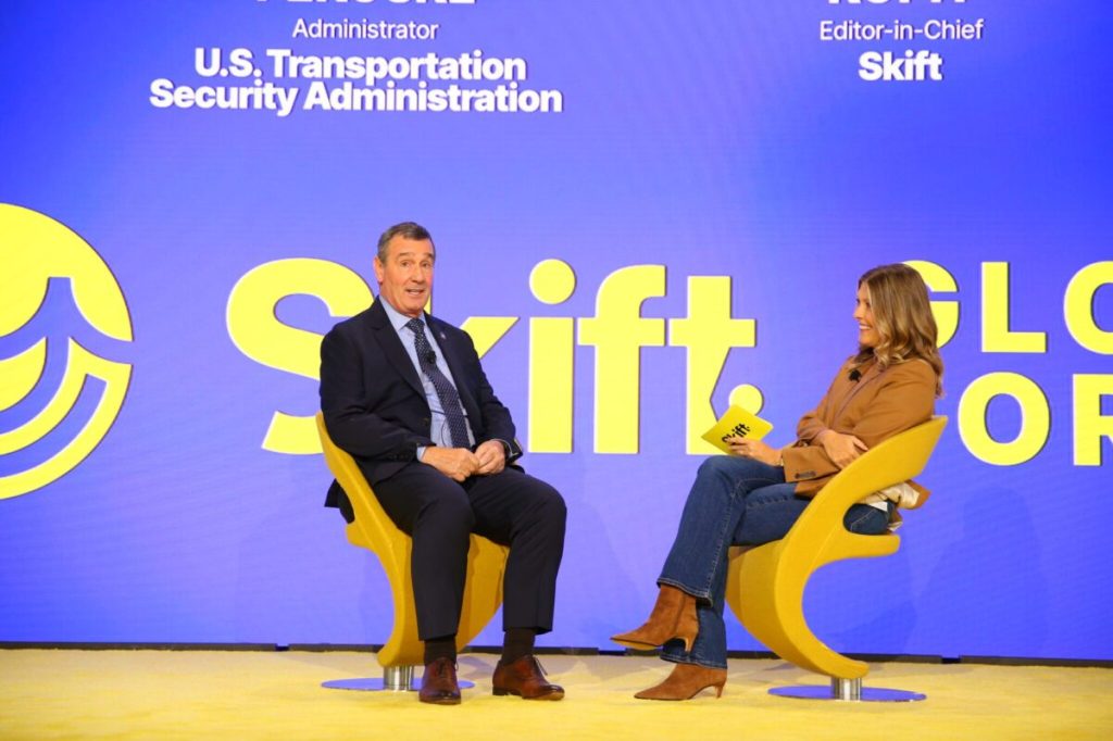 TSA Administrator David Pekoske on stage with Sarah Kopit at Skift Global Forum 2024.