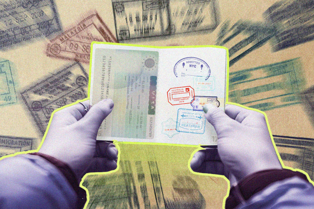 Illustration of a person holding a passport open.