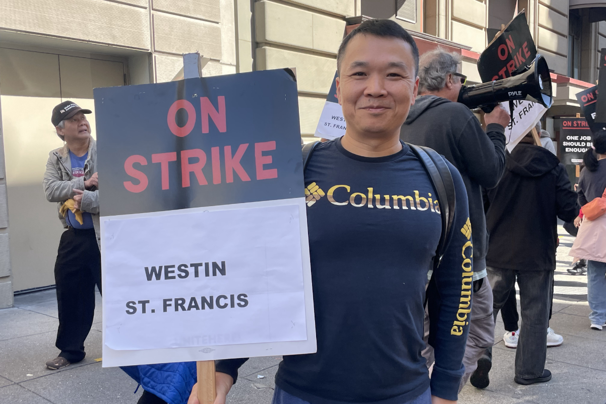 A hotel worker at the Westin St. Francis on strike in San Francisco in September 2024. Source: Unite Here.