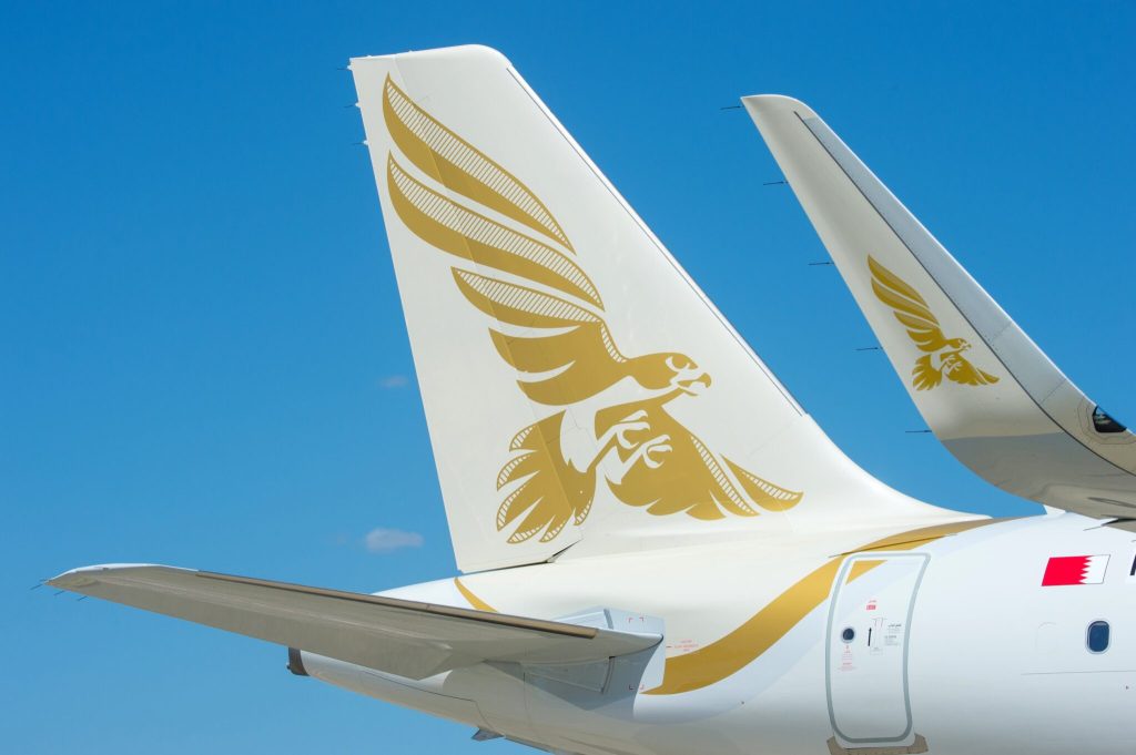 The tailfin of a Gulf Air Airbus plane.