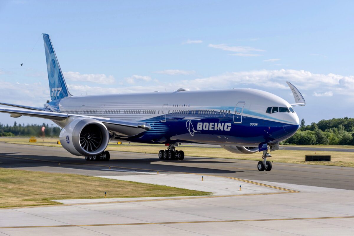 A Boeing 777X during a taxi test. Boeing