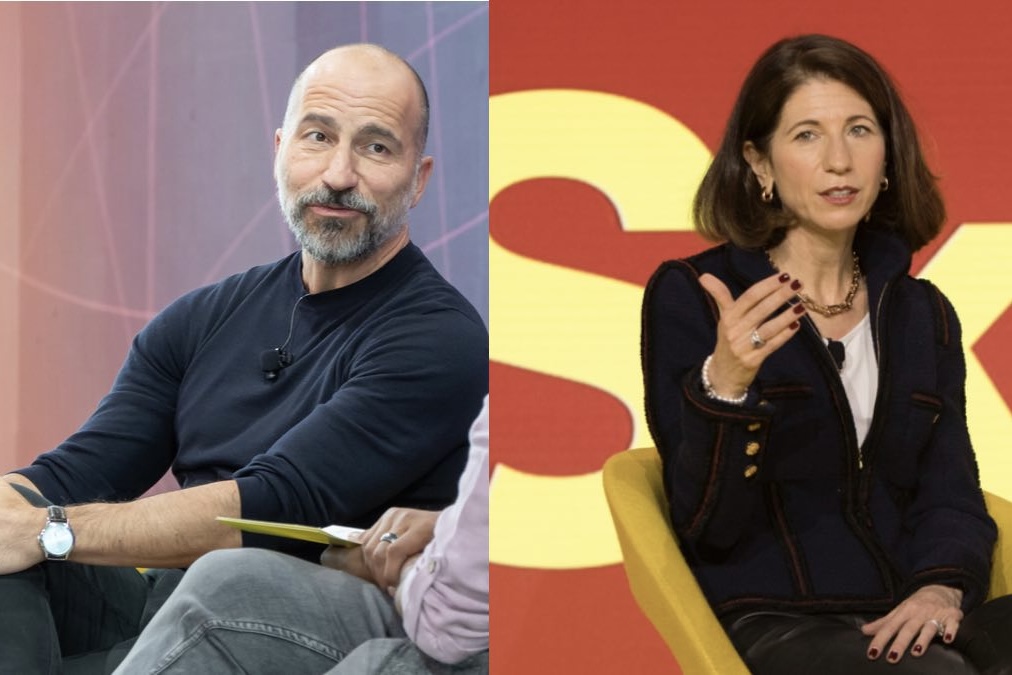 Side-by-side photographs of two seated travel executives.