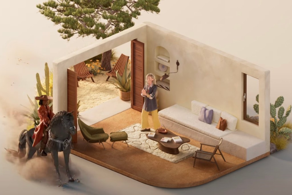 An animation showing a man on a horse and a woman in a home watching him.