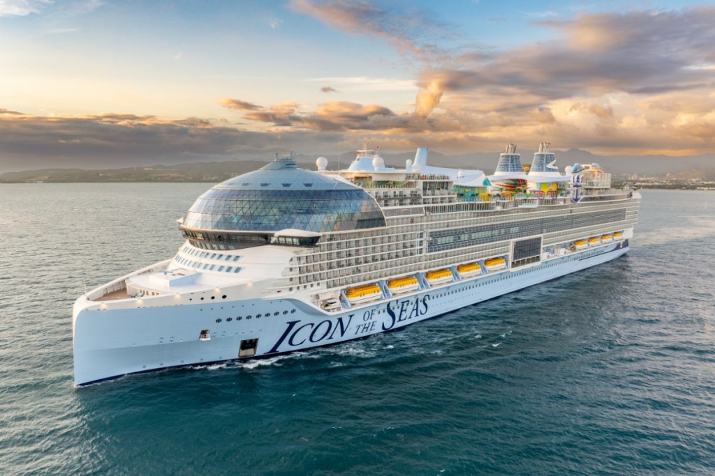 aerial view of world's largest cruise ship sailing on the ocean