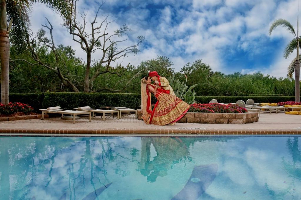 An Indian couple at their wedding in Tampa Bay, Florida.