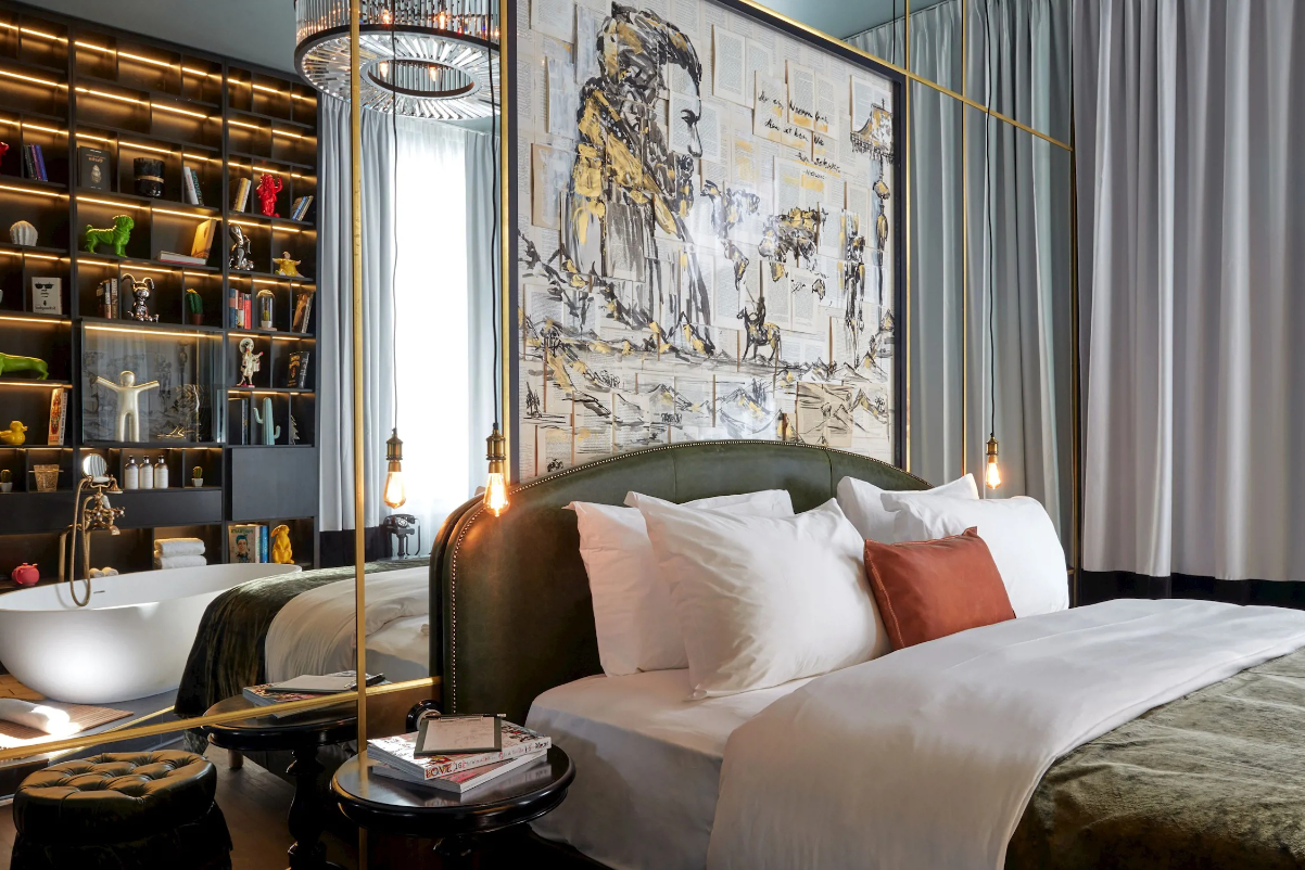 a fancifully designed room in a boutique hotel