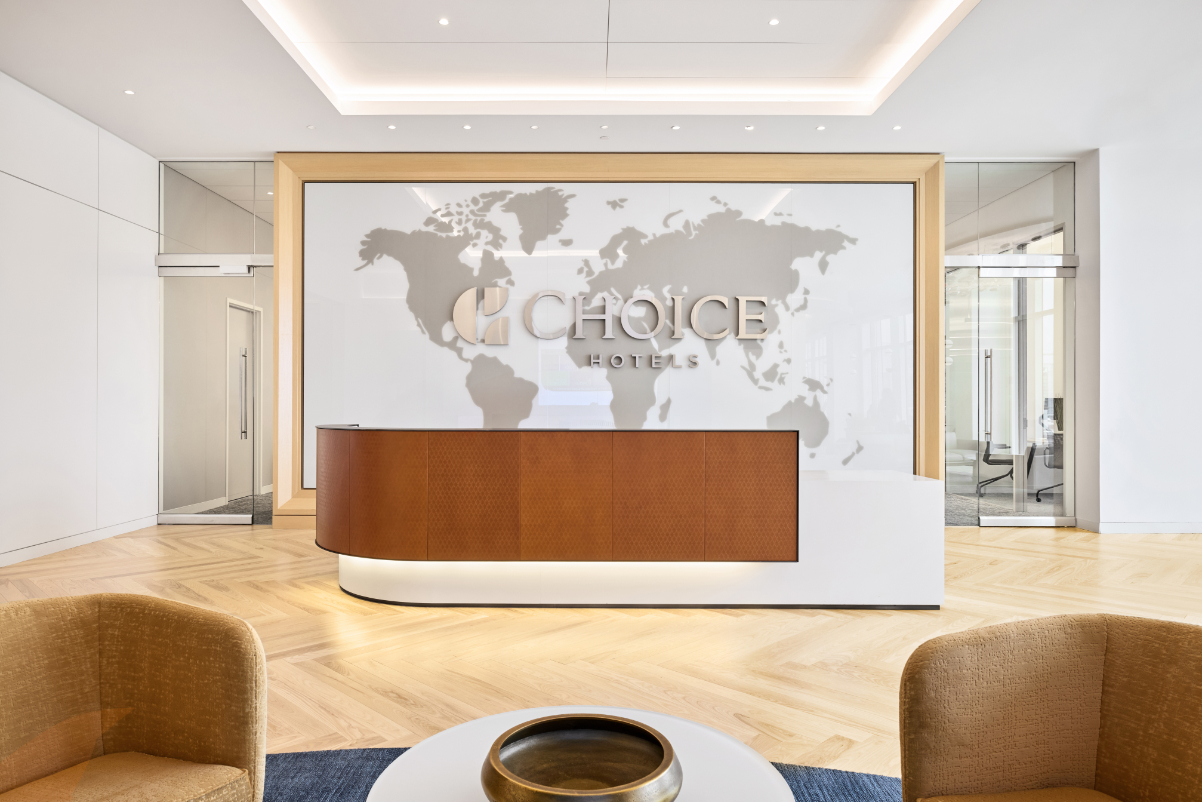 a lobby of the corporate office of Choice Hotels