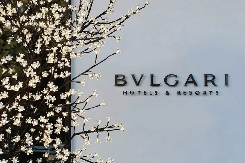 the logo for Bulgari Hotels & Resorts outside of a property