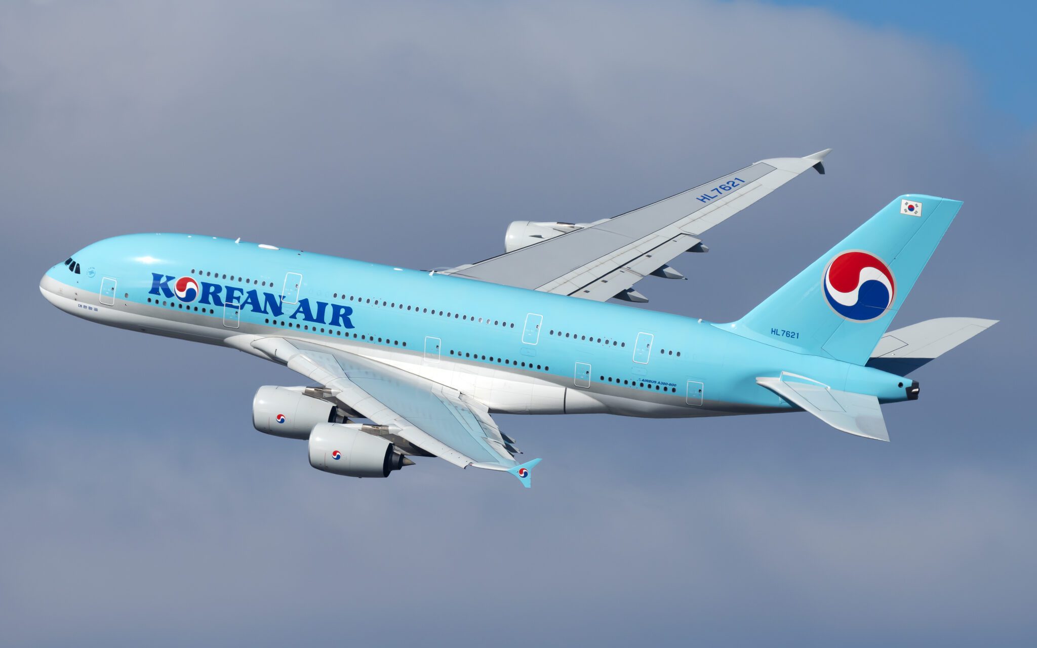 A Korean Air Airbus A380 in the skies above New York JFK Airport.