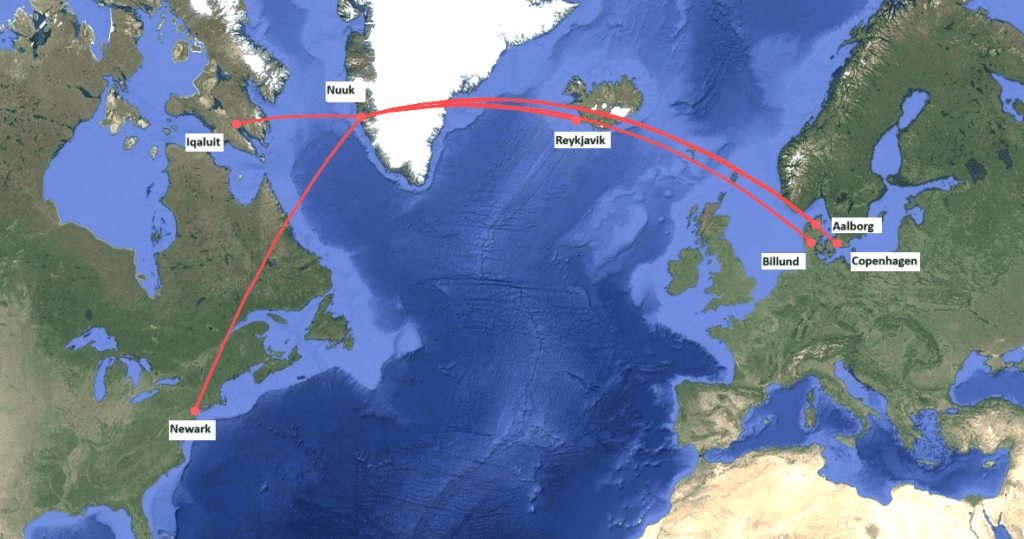 A route map showing Nuuk's international flights for summer 2025.