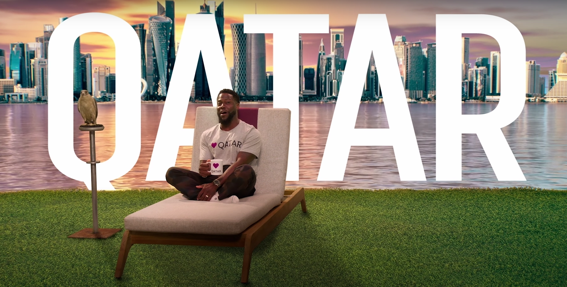 A scene from Kevin Hart's new safety video for Qatar Airways