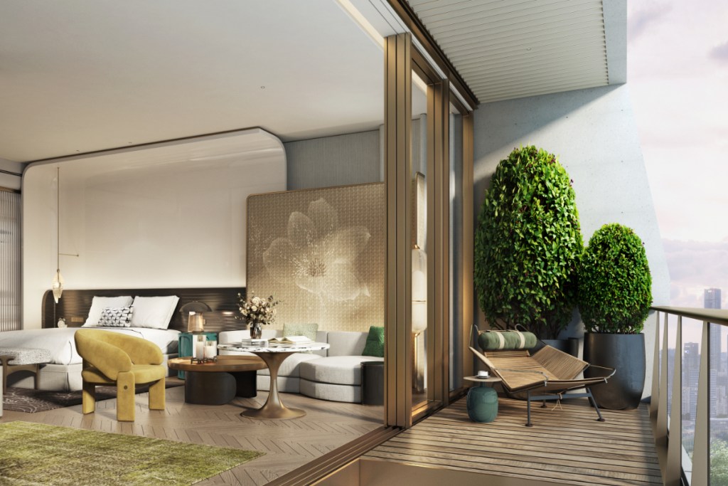 A rendering of a hotel room with a balcony.