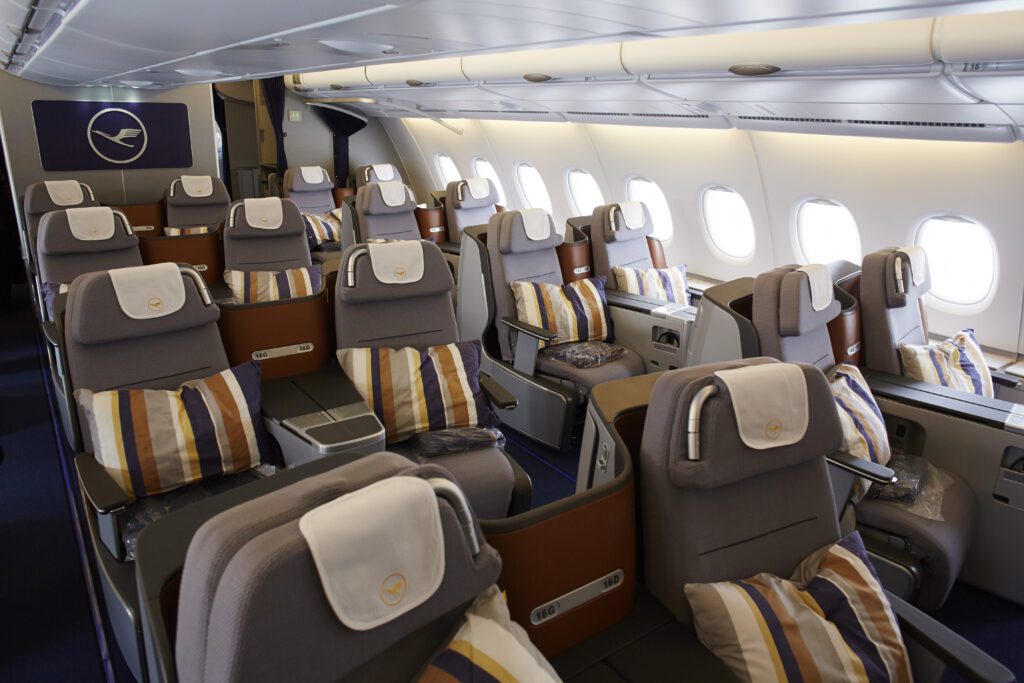 The business class cabin of Lufthansa's Airbus A380.