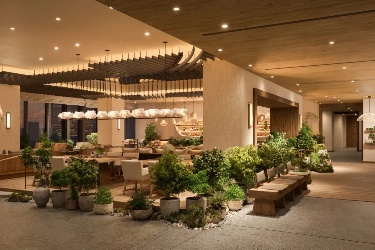 a view of the lobby of the 1Hotel Tokyo, a luxury hotel that is environmentally minded