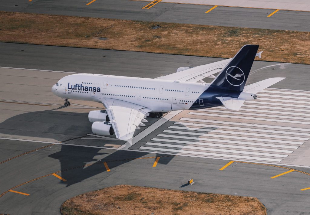 A Lufthansa Airbus A380 on the runway.