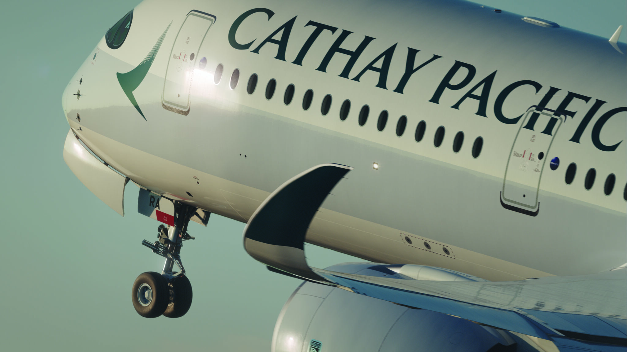 A Cathay Pacific Airbus A350 taking off.