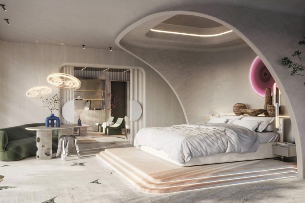 an elaborately decorated bed in a new hotel in Abu Dhabi