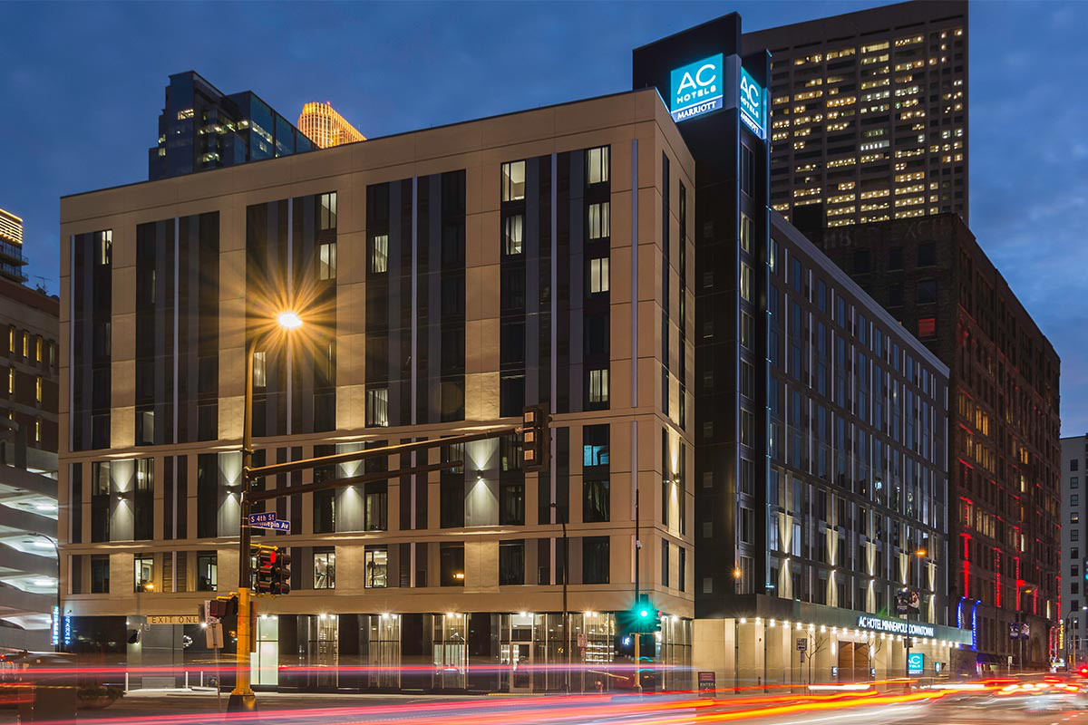 exterior view of business hotel, the ac hotel minneapolis, at night