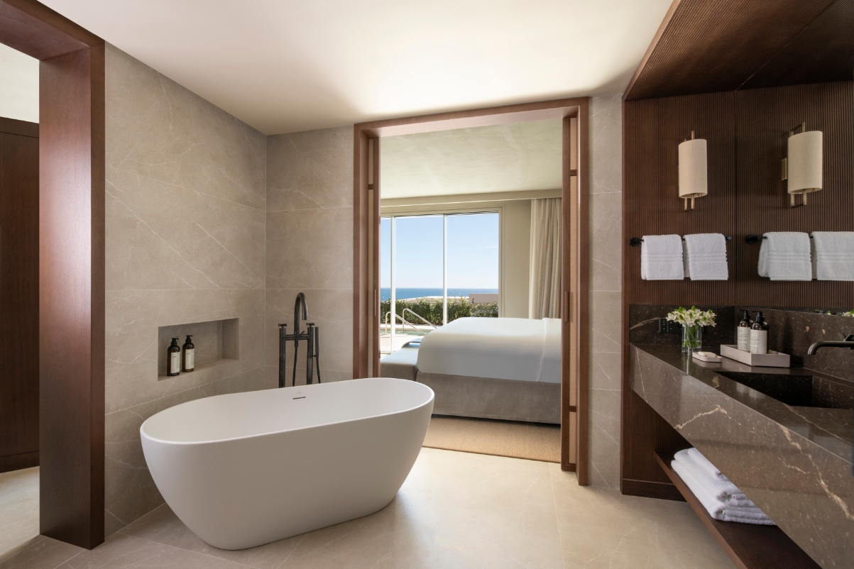 view of the bathroom and bedroom in a luxury hotel in Spain