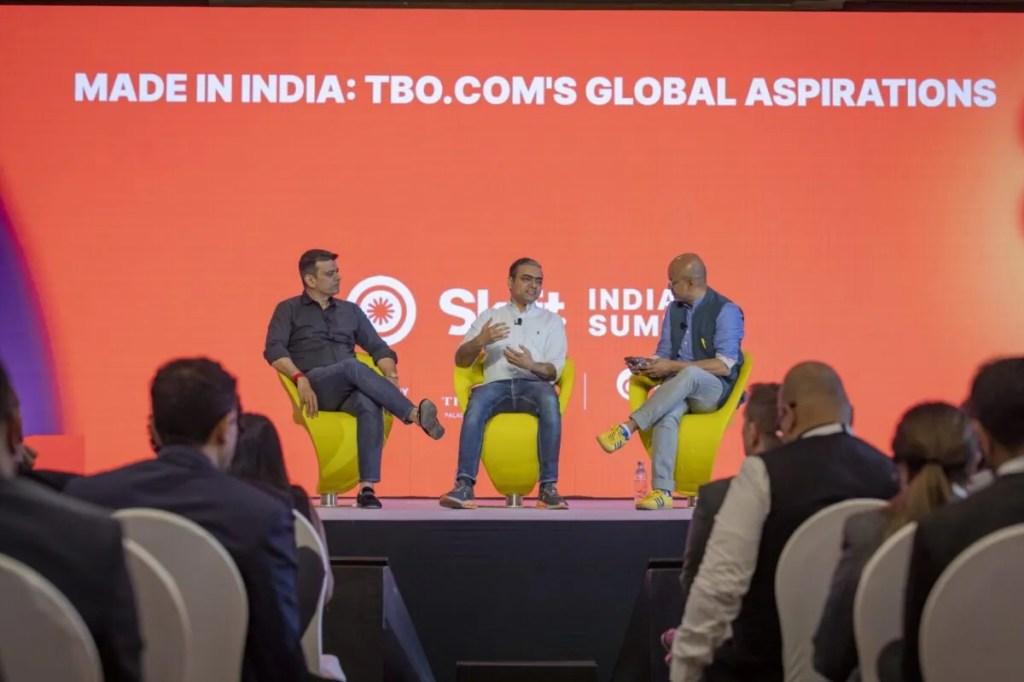 TBO Co-Founders Ankush Nijhawan and Gaurav Bhatnagar with Skift CEO Rafat Ali at the Skift India Summit 2024.