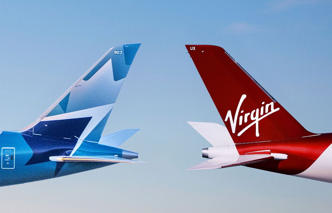 Virgin Atlantic and WestJet aircraft tails.