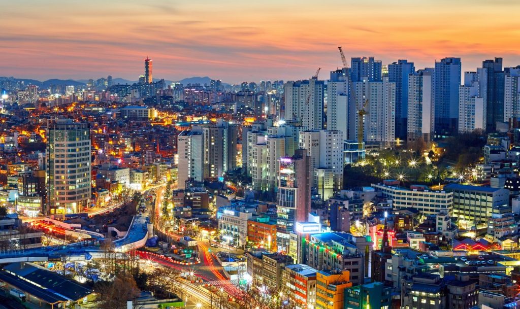 The Seoul skyline during sunset.