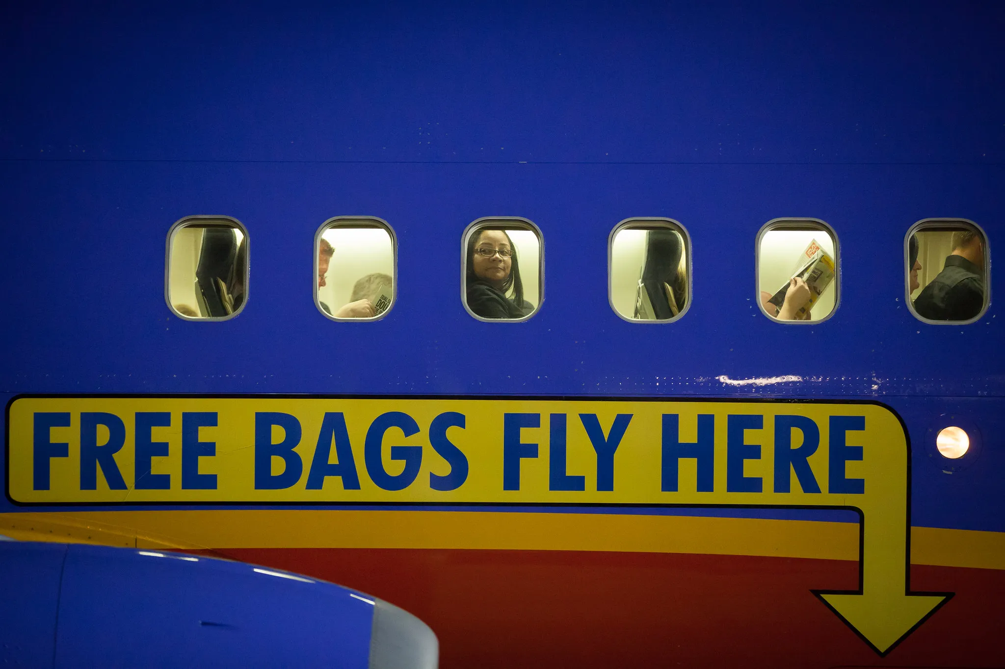 A Southwest plane with "Free Bags Fly Here" on the livery.