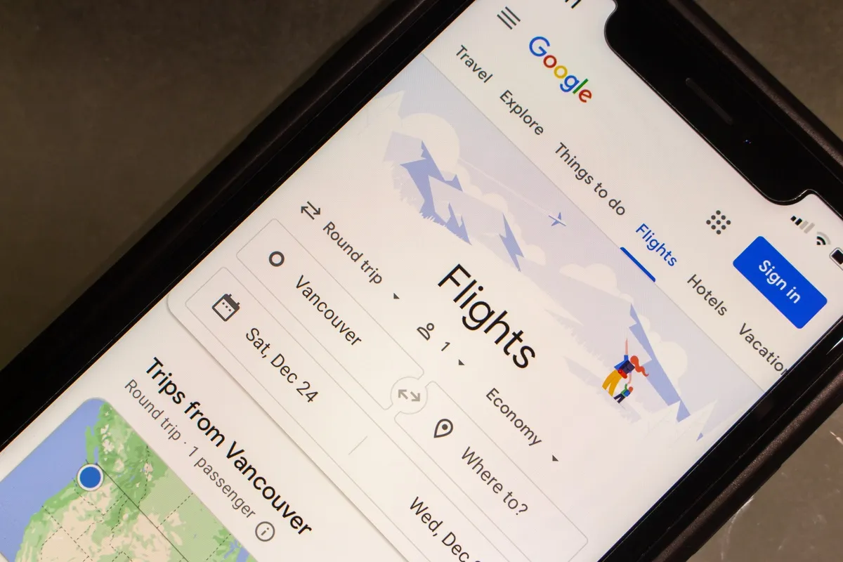 Smartphone showing Google Flights