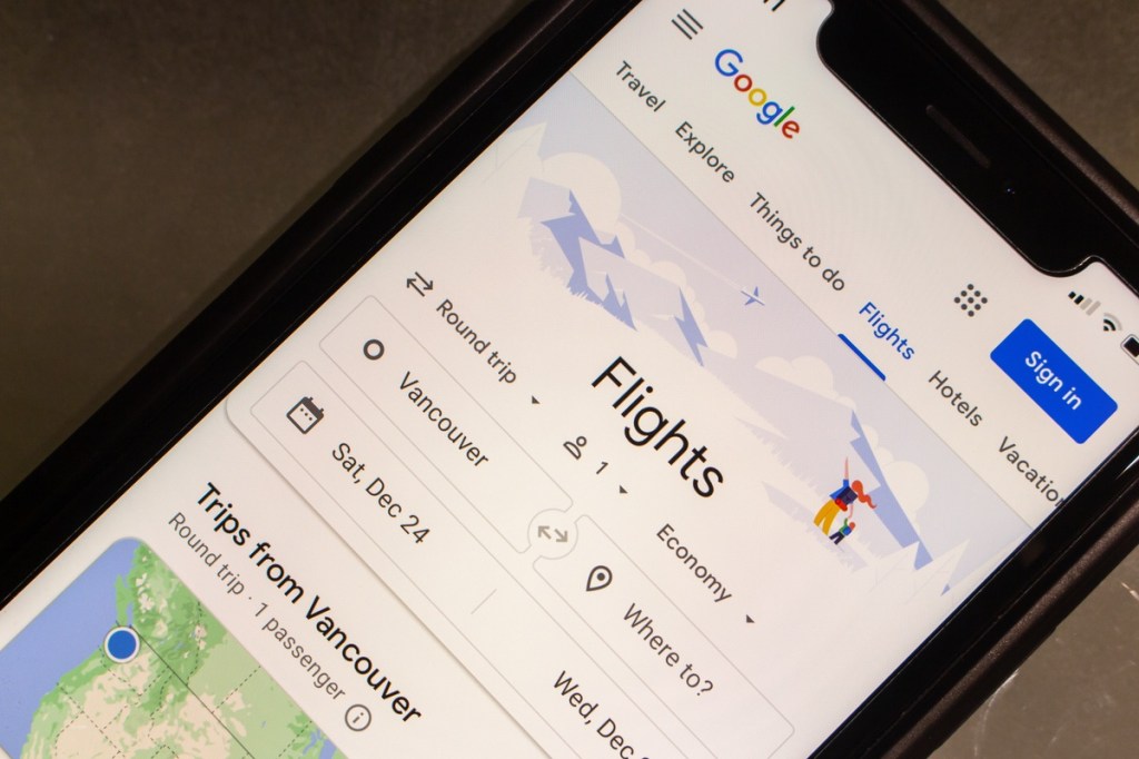 Smartphone showing Google Flights