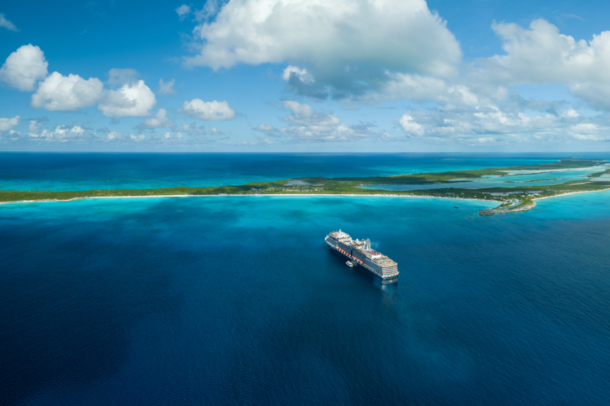 a large cruise ship in a big tropical harbor in The Bahamas