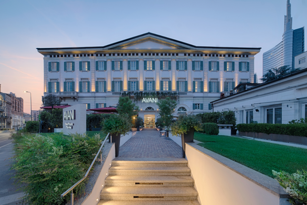 Exterior view of an upscale hotel in Milan owned by Minor Hotels.