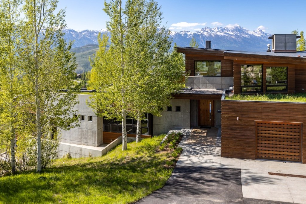 A boxy but stylish looking vacation home with trees in the foreground.