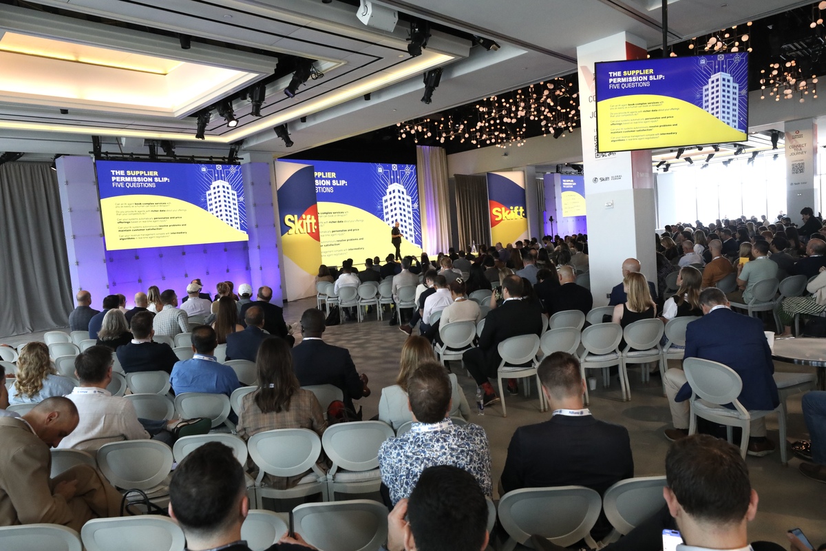 Skift Founder and CEO, Rafat Ali, addressing the audience at Skift Global Forum 2025
