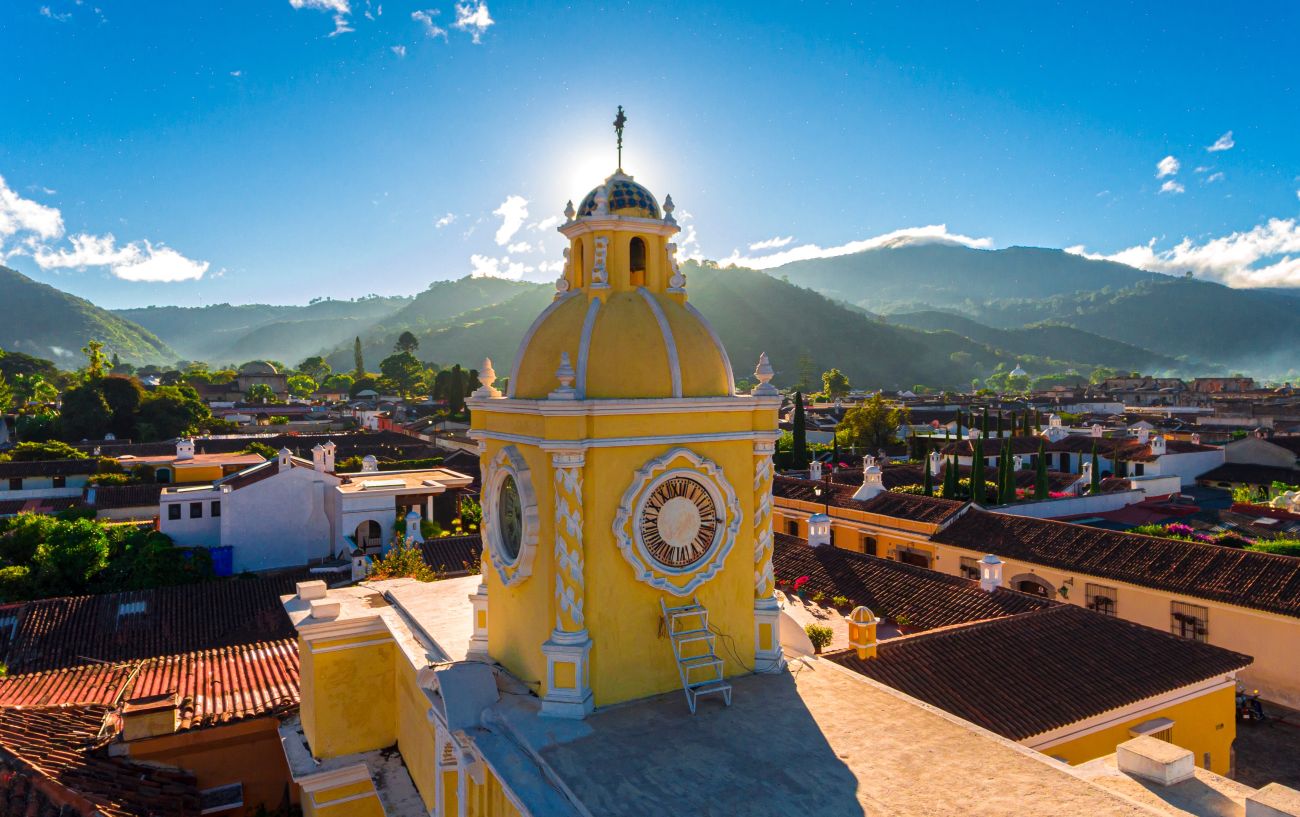 The rooftops of Antigua, a small city surrounded by volcanoes in southern Guatemala.
