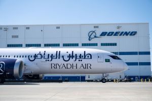 A Riyadh Air Boeing 787-9 at Boeing's Dreamliner production facility.