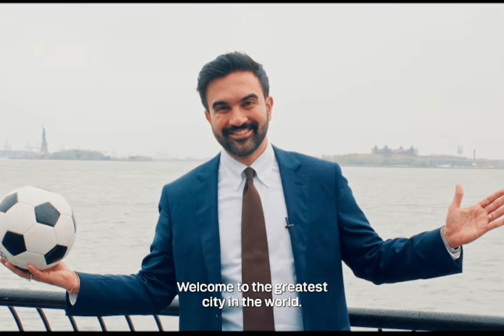 New York City Mayor Zohran Mamdani holds a soccer ball in a World Cup welcome video.