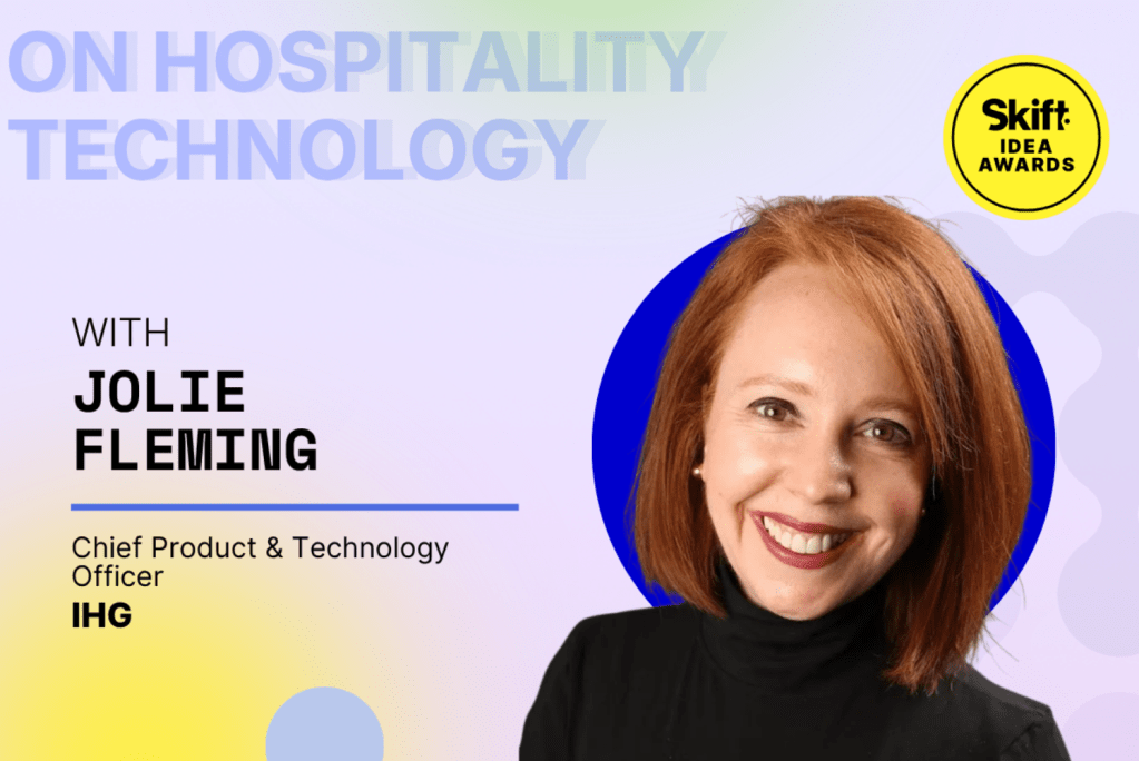 A promotional graphic features Jolie Fleming, Chief Product & Technology Officer at IHG, for a Skift Idea Awards event on hospitality technology.