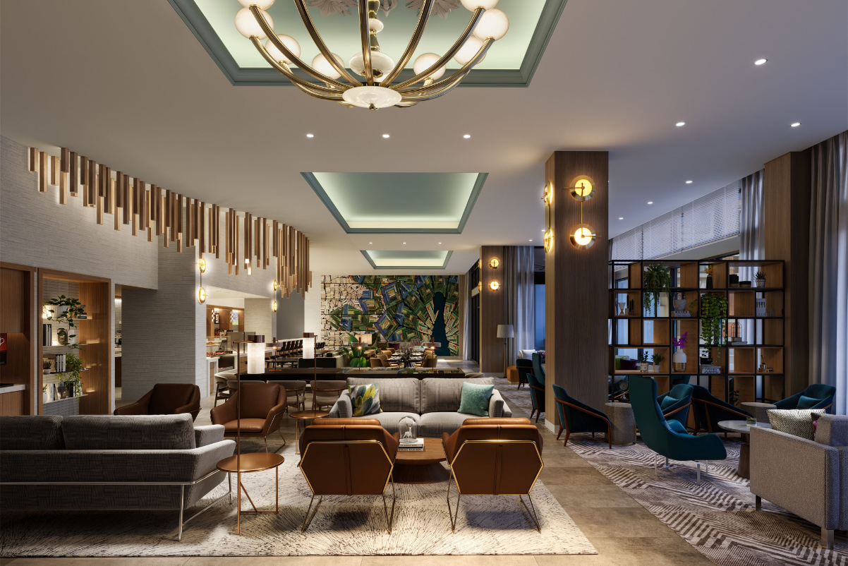 image of an upscale lifestyle hotel with unusual looking furniture and chandeliers and light fixtures