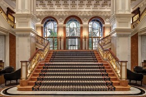 image of a grand staircase in a luxury hotel lobby