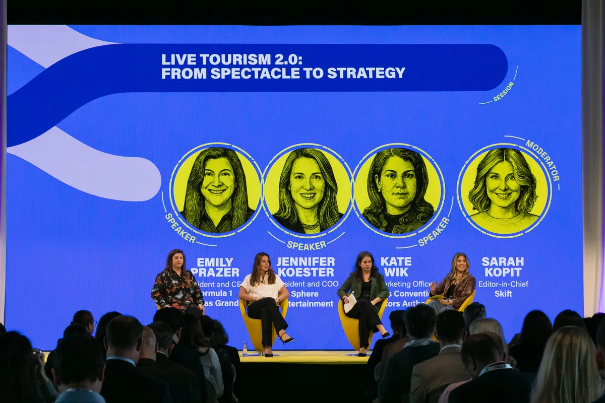 Executives from Formula 1 Las Vegas Grand Prix, Sphere, and Las Vegas Convention and Visitors Authority (LVCVA) with Skift Editor in Chief, Sarah Kopit